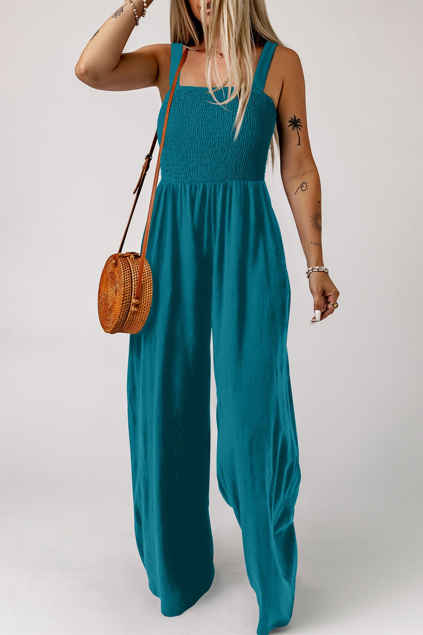 Smocked Square Neck Sleeveless Jumpsuit with Pockets