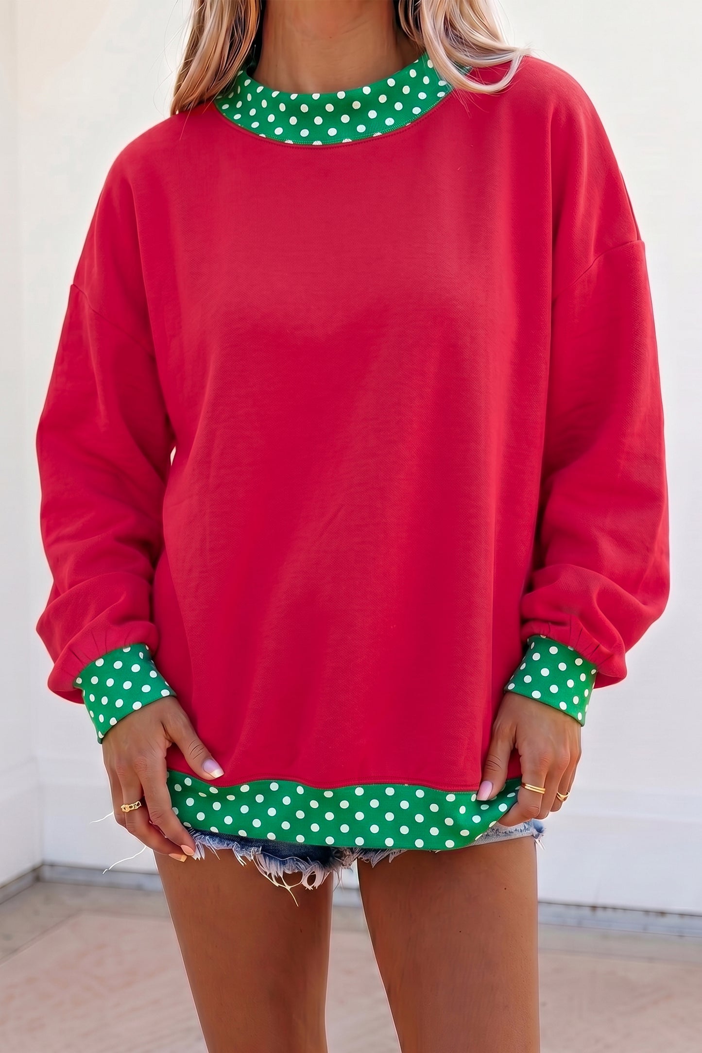 Pink Colorblock Polka Dot Contrast Trim Oversized Sweatshirt