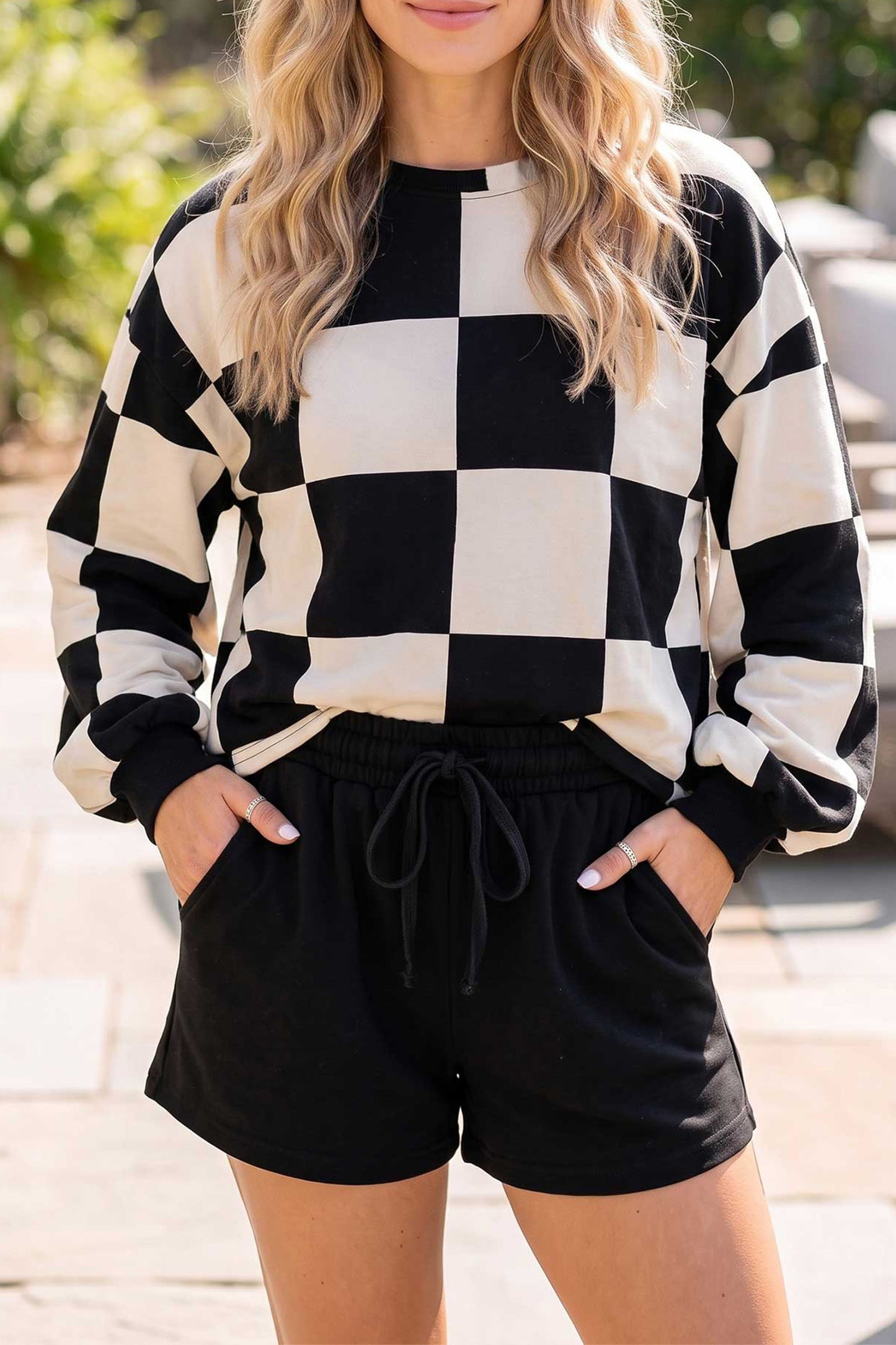Checkered Long Sleeve Solid Color Shorts Set