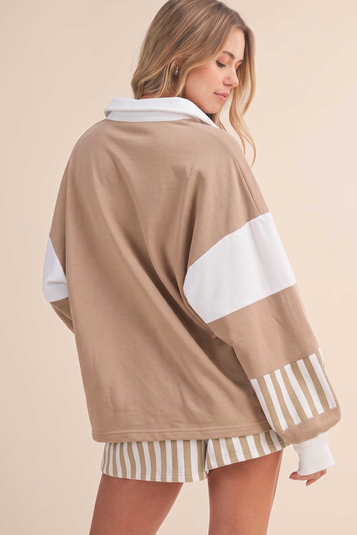 Striped Color Block Pullover Top Drawstring Shorts Set