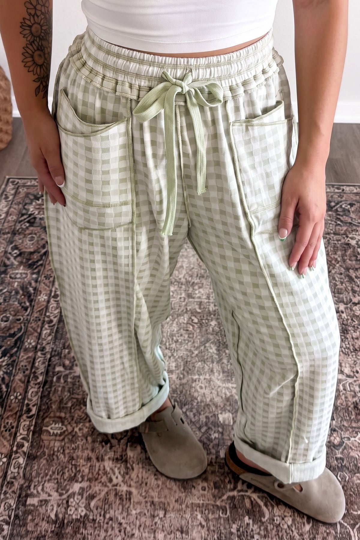 Plaid Contrast Trim Drawstring Elastic Waist Shift Pants