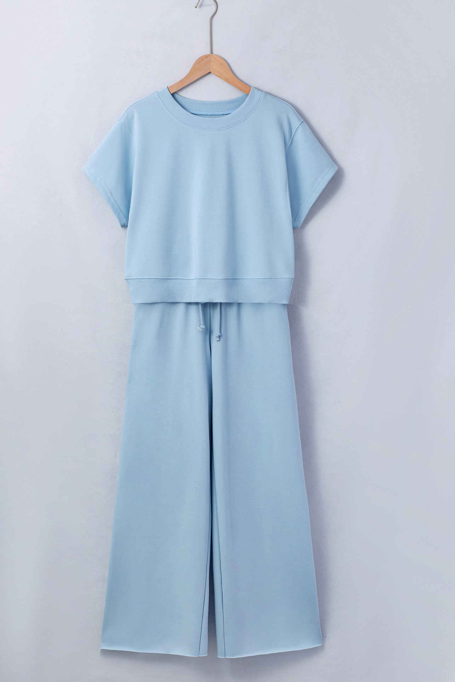 Parchment Solid Color Loose Tee Drawstring Wide Leg Pants 2pcs Outfit