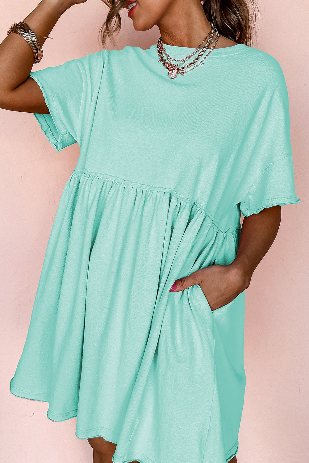 Light Pink Solid Color Pocketed Raw Edge Babydoll Dress