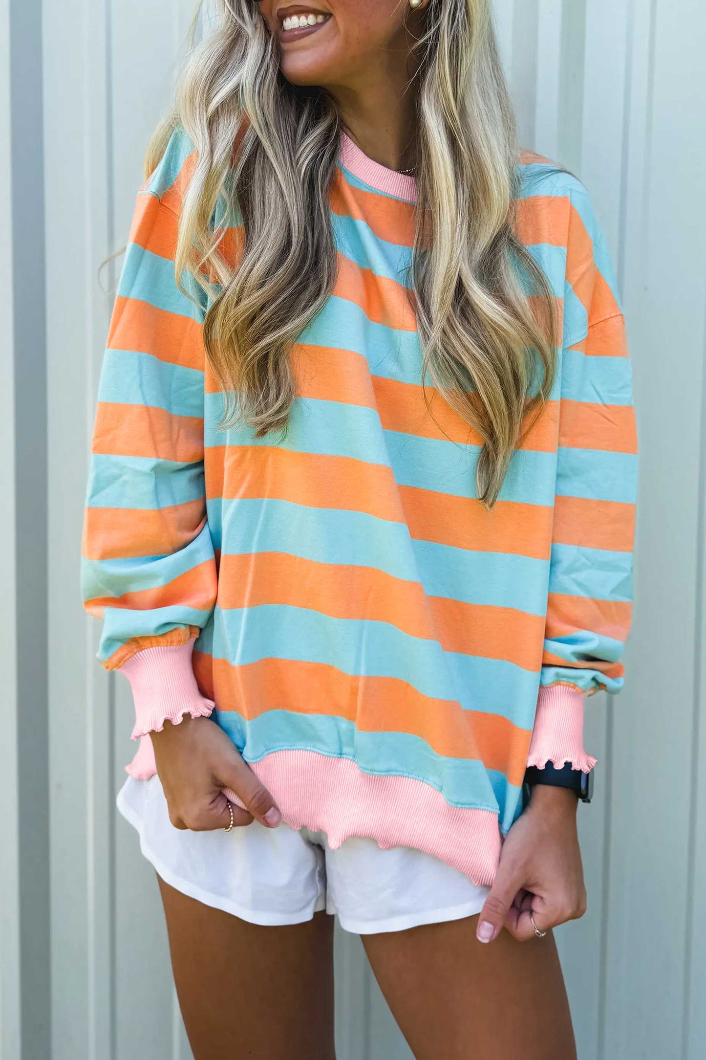 Striped Ribbed Color Block Trim Long Sleeve Top