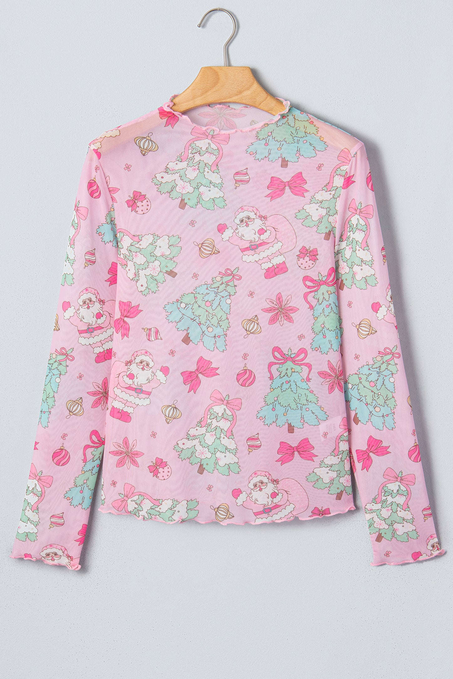 Pink Christmas Abstract Print Long Sleeve Mesh Top