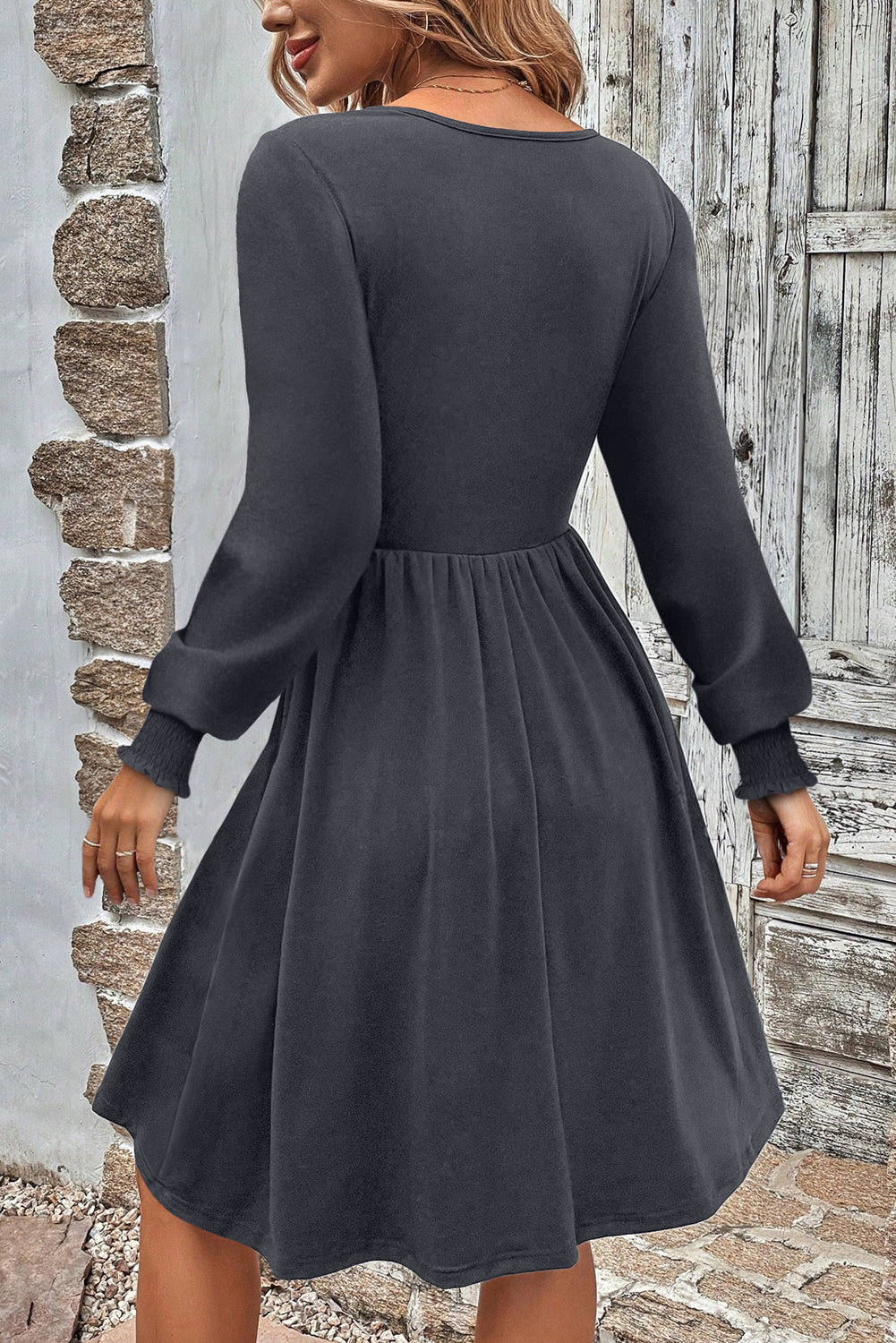 Shirred Cuff Long Sleeve Button Round Neck Mini Dress