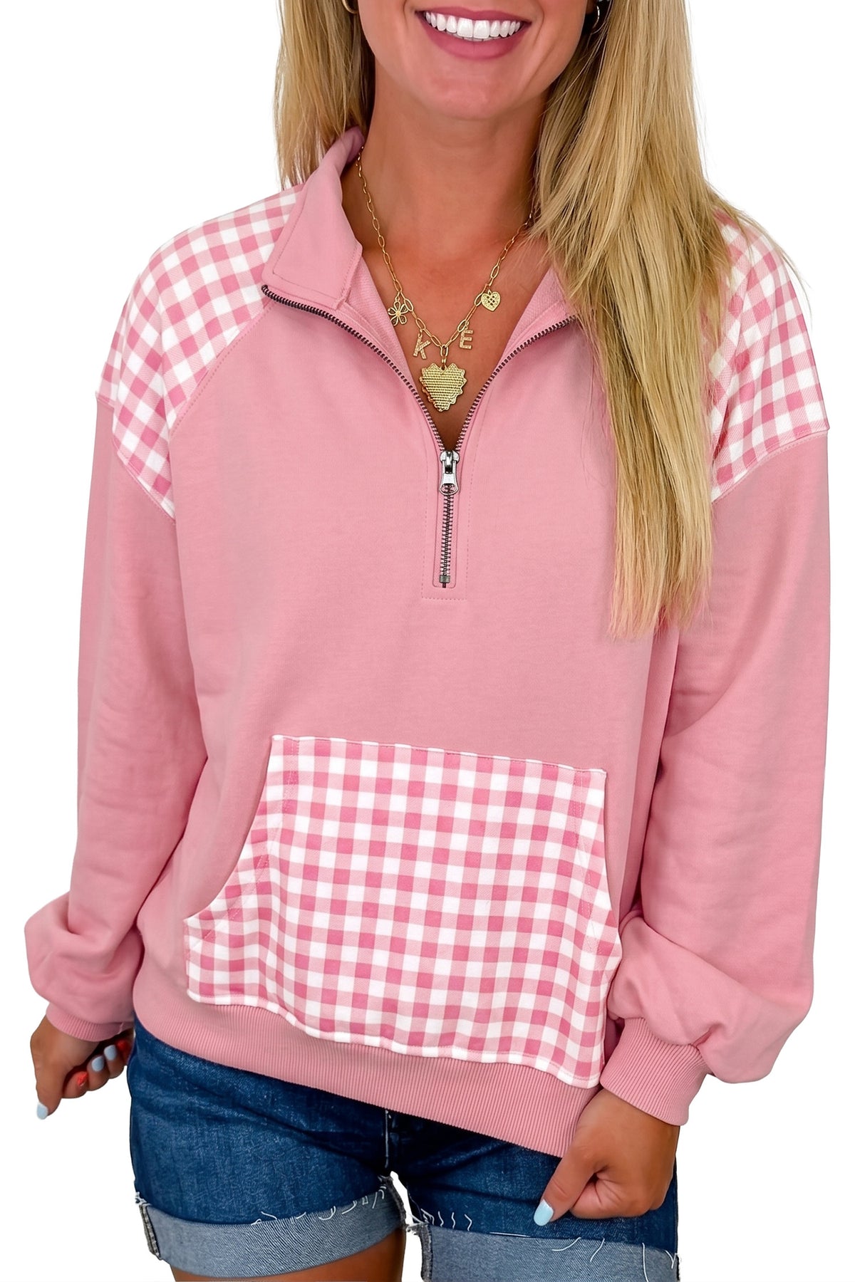 Patchwork Plaid Pocket Quarter Zip Sweatshirt