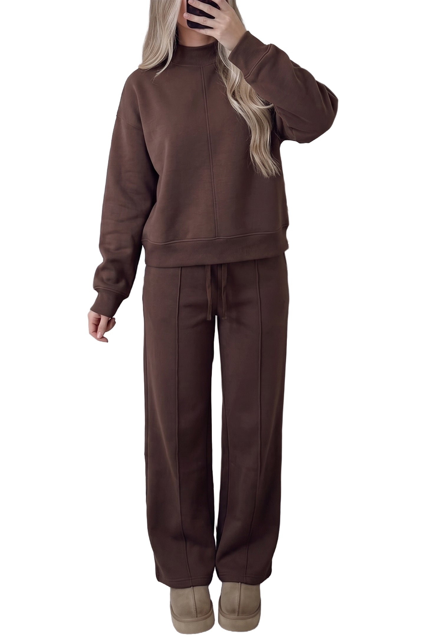 Coffee Solid Color Mock Neck Pullover Drawstring Pants Set