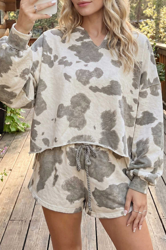 Gray Cowhide Print Raw Hem Long Sleeve Top Drawstring Shorts Set