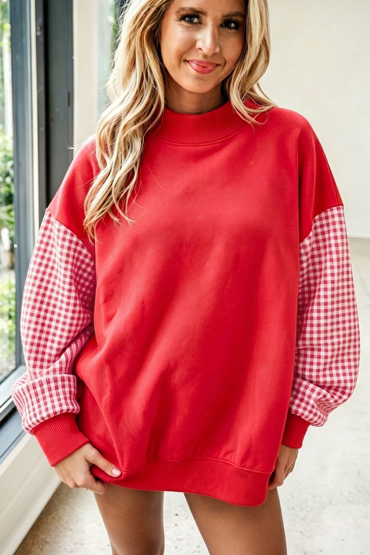 Plaid Sleeve Colorblock Loose Sweatshirt