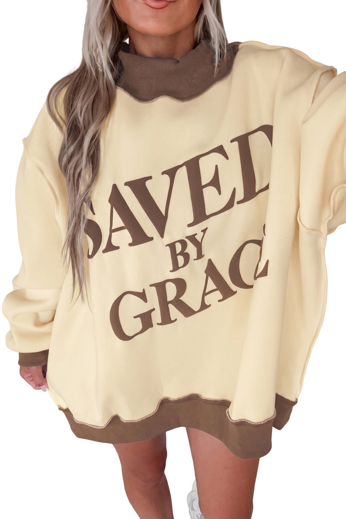 Saved By Grace Print Color Block Mock Neck Oversized Sweatshirt