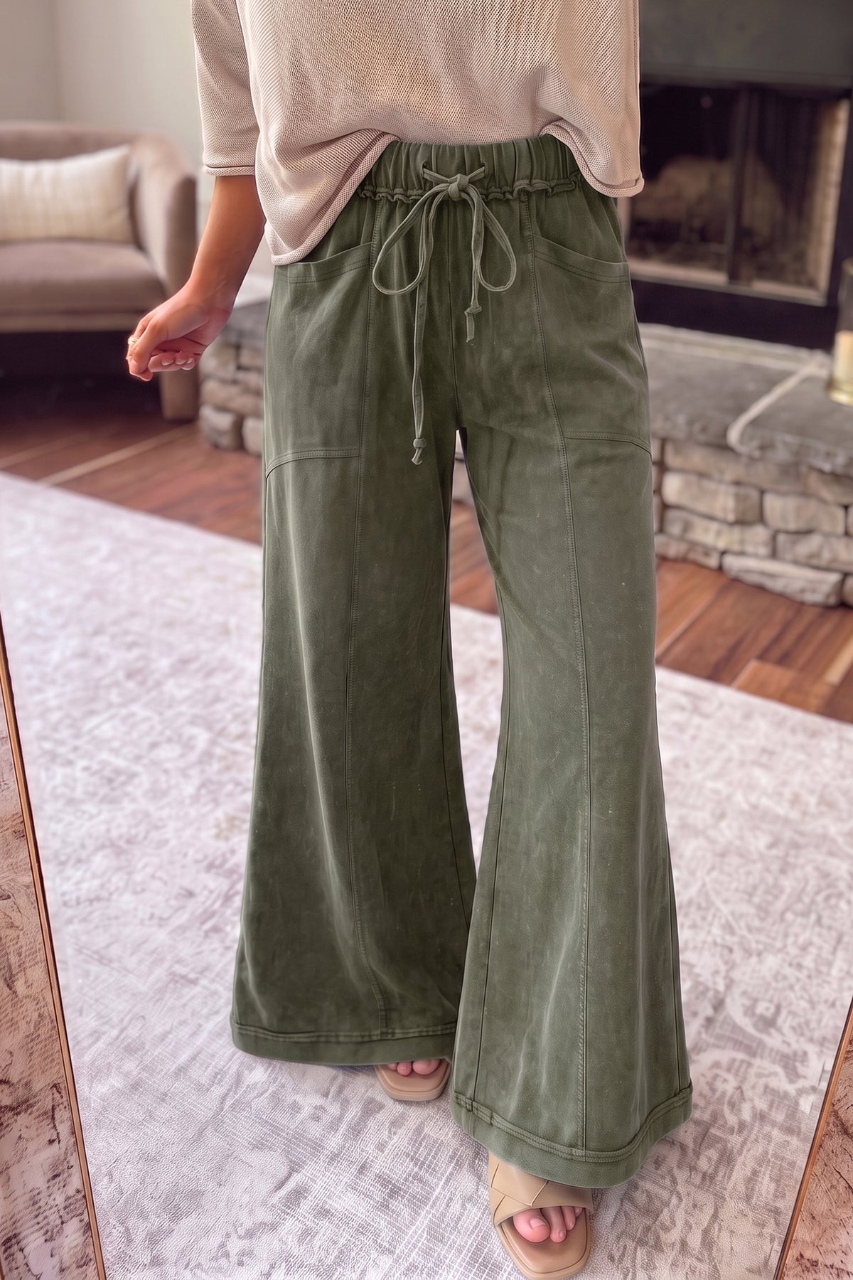Mineral Wash Seam Detail Flare Leg Drawstring Pants