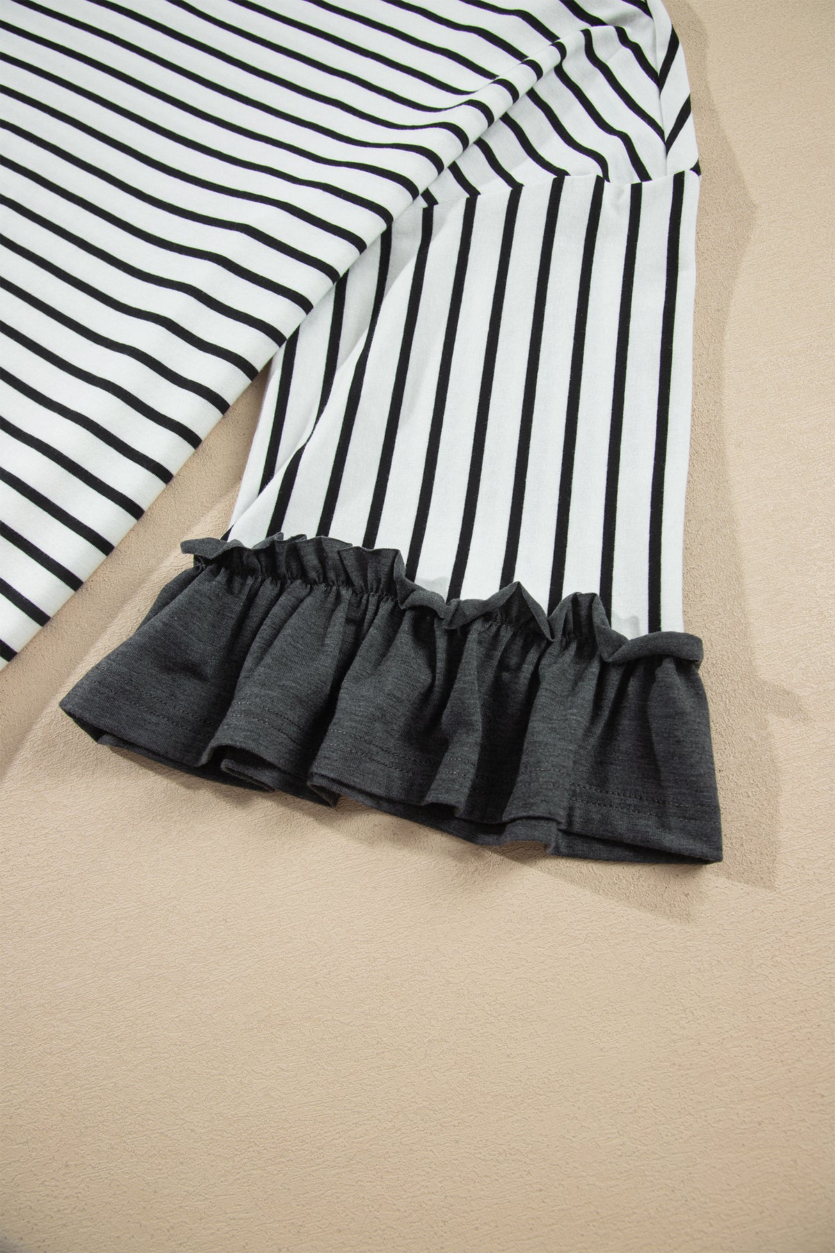 Striped V Neck Ruffle Contrast Sleeve Top Drawstring Pants Set