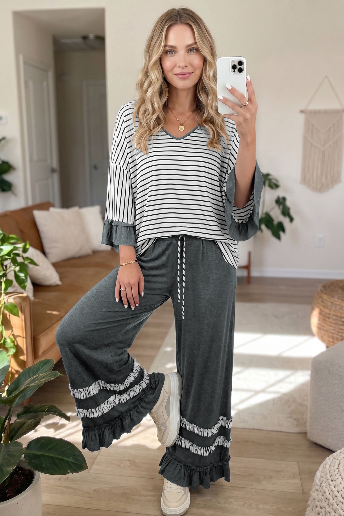 Striped V Neck Ruffle Contrast Sleeve Top Drawstring Pants Set