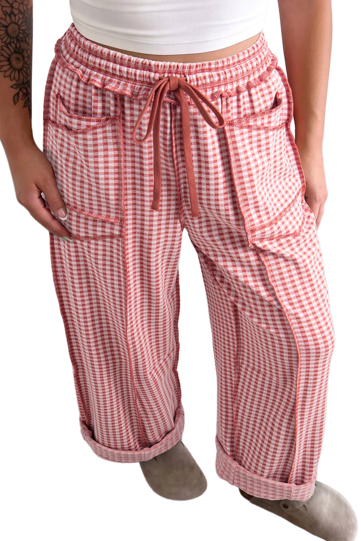 Plaid Contrast Trim Drawstring Elastic Waist Shift Pants