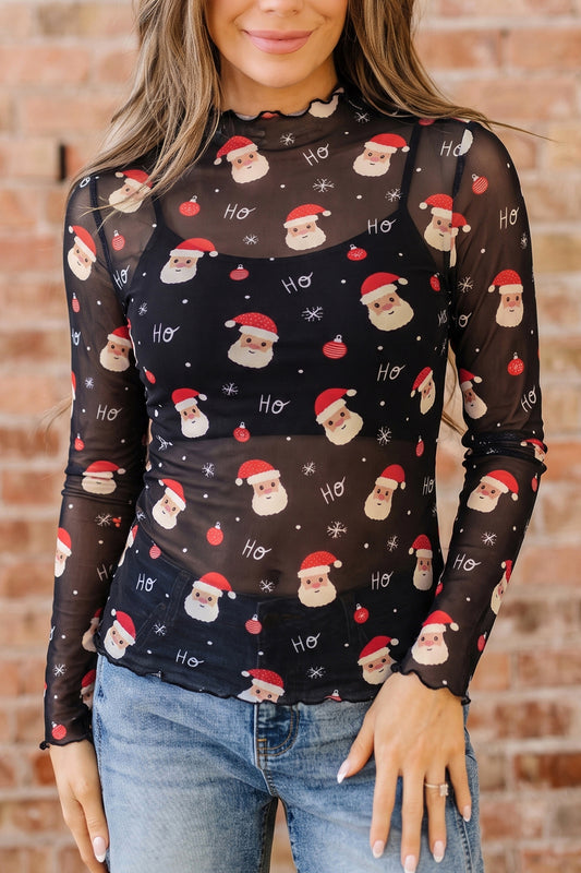 Santa Print Black Long Sleeve Mesh Top