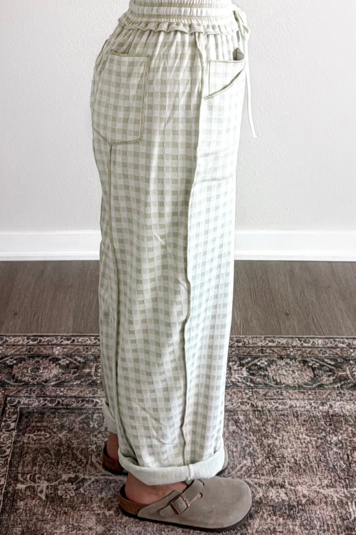 Plaid Contrast Trim Drawstring Elastic Waist Shift Pants