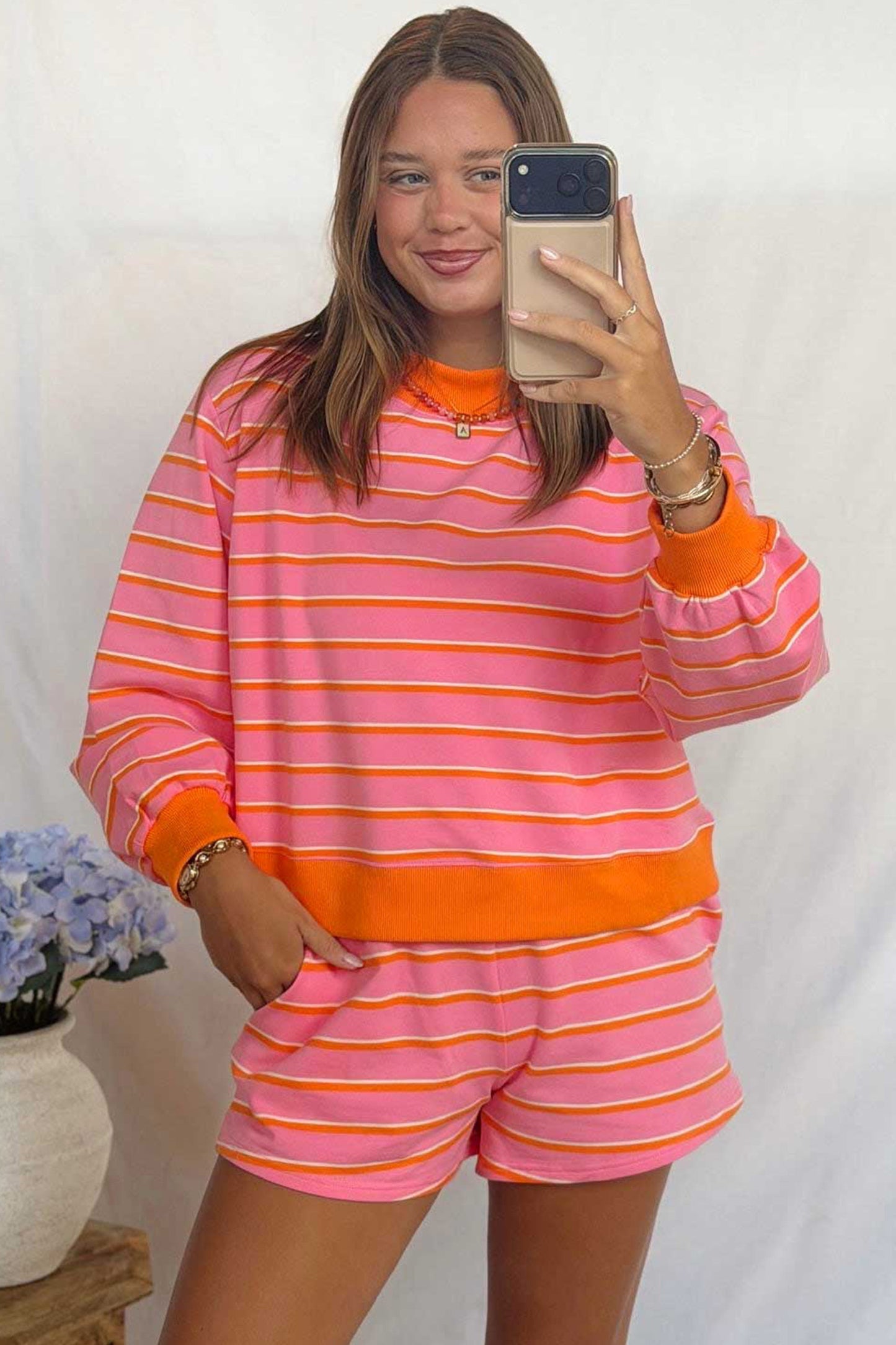 Striped Color Block Trim Long Sleeve Pullover Pocketed Shorts Set