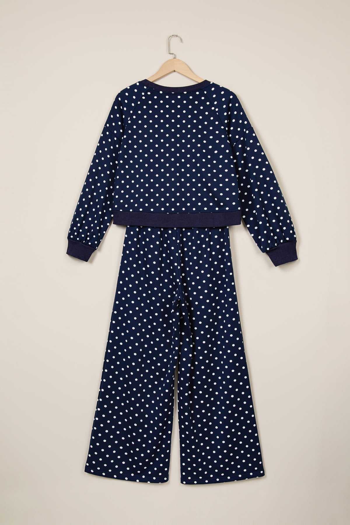 Polka Dot Drawstring Wide Leg Long Sleeve Top Pant Set