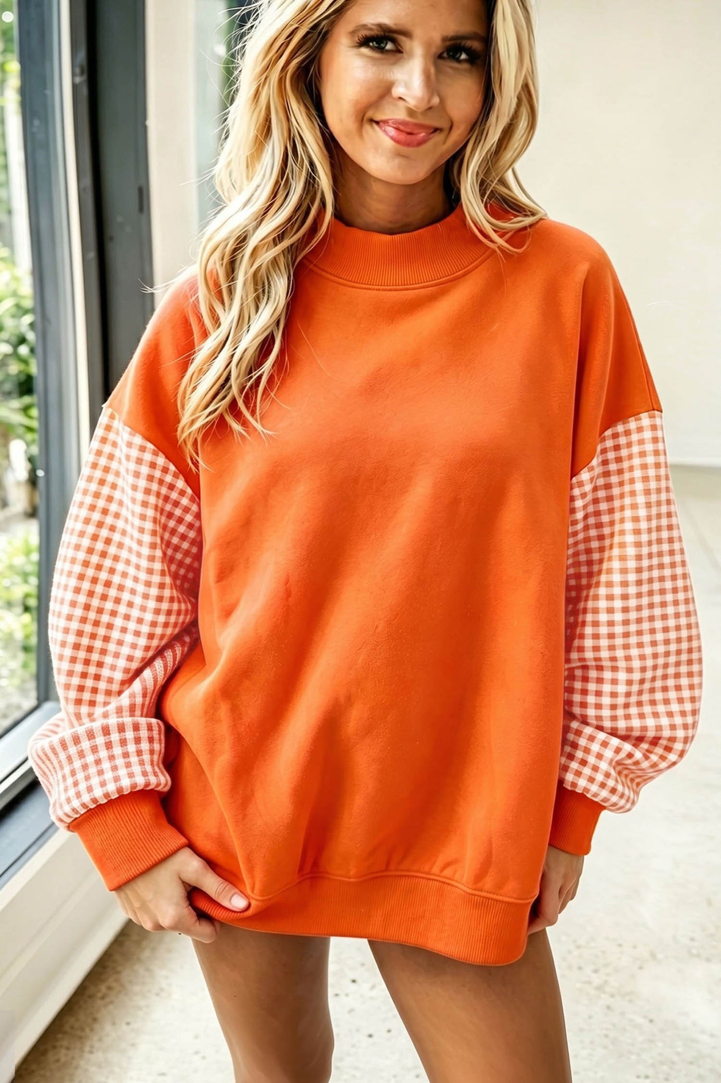Plaid Sleeve Colorblock Loose Sweatshirt