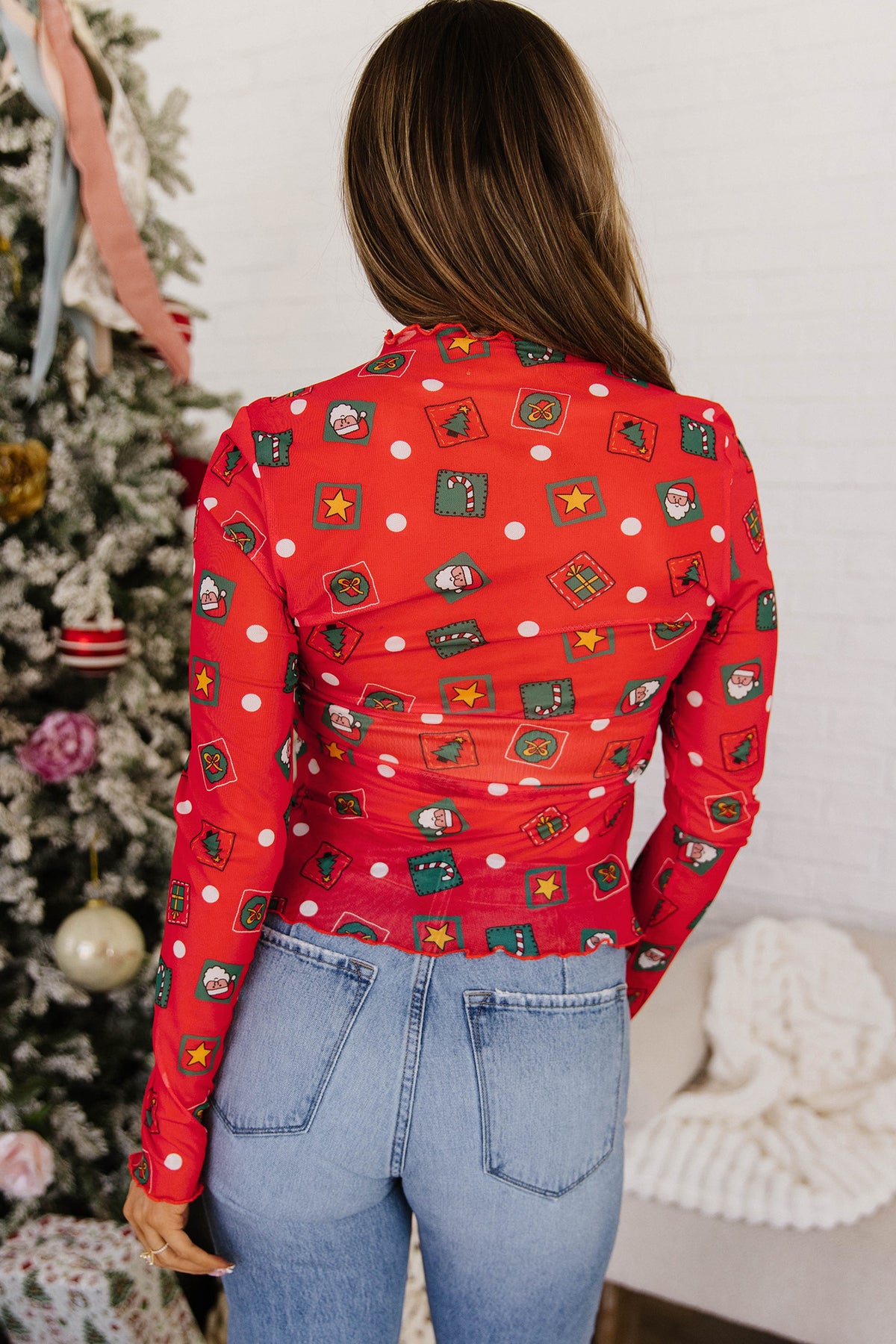 Fiery Red Christmas Elements Printed Long Sleeve Mesh Top