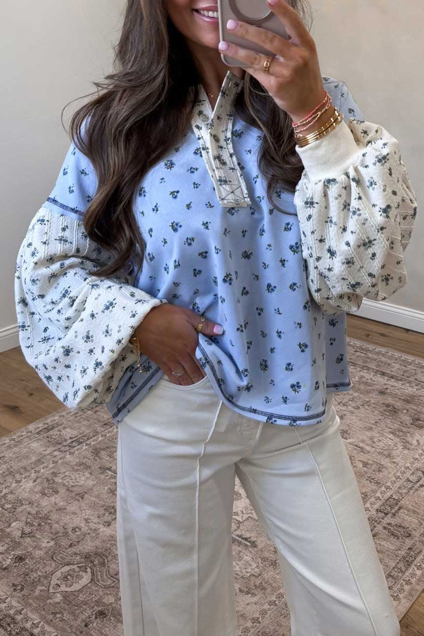 Sky Blue Floral Print Contrast Long Sleeve Top
