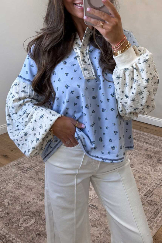 Sky Blue Floral Print Contrast Long Sleeve Top