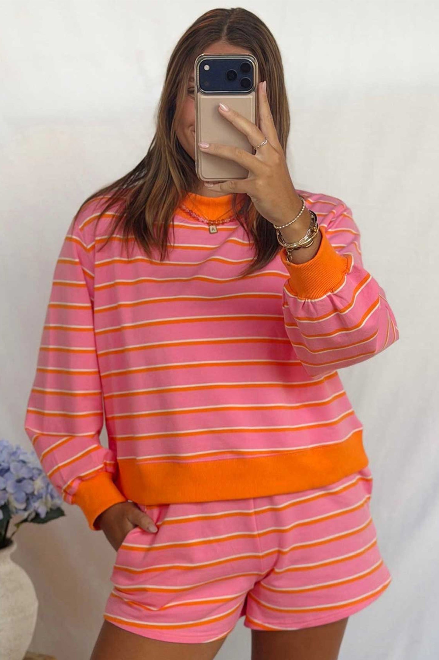 Striped Color Block Trim Long Sleeve Pullover Pocketed Shorts Set