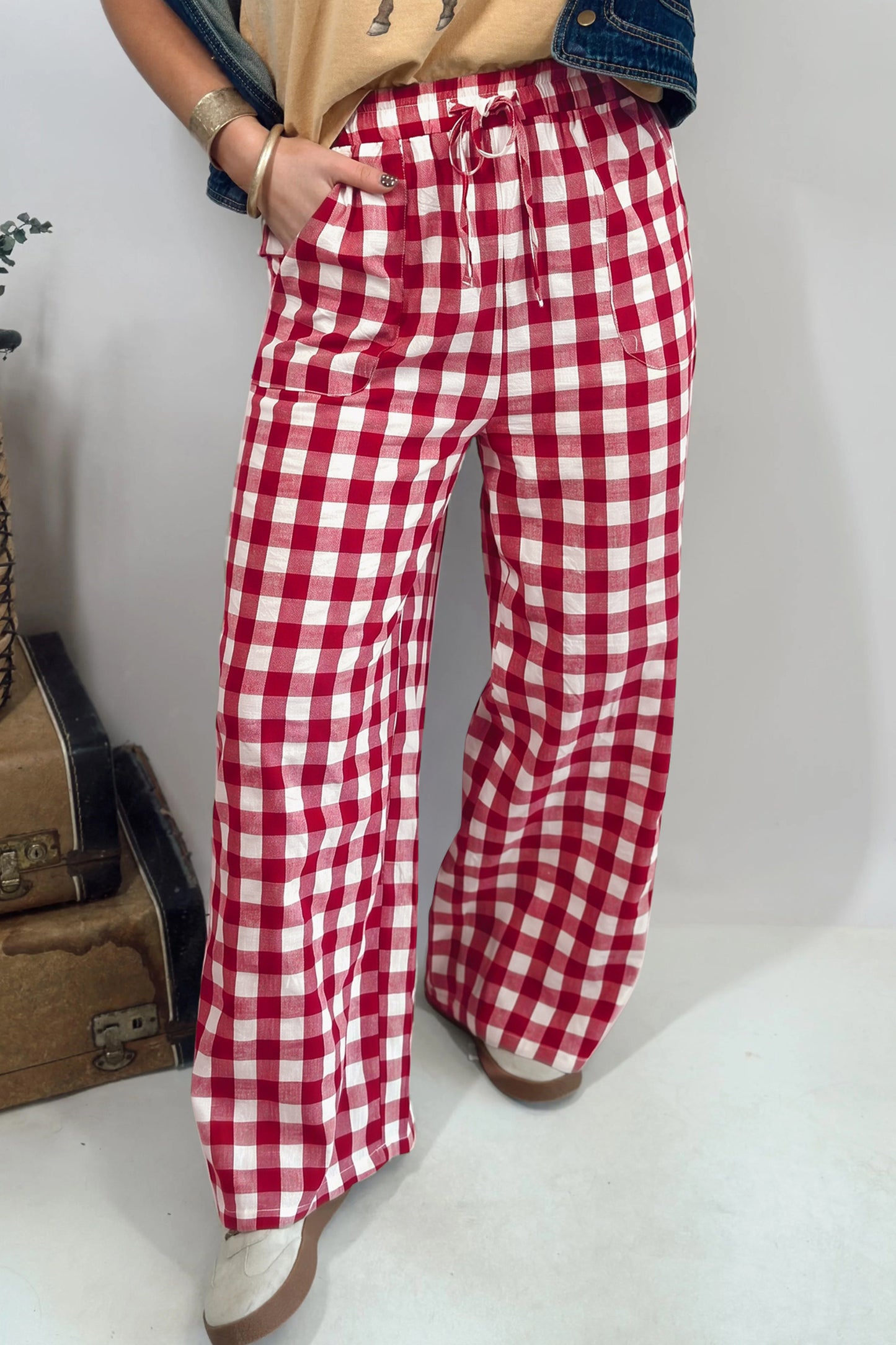 Gingham Plaid Tie Elastic Waist Shift Pants