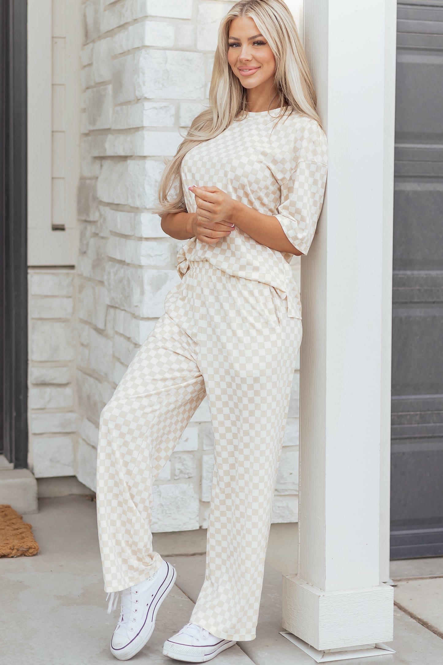Rose Checkered Print Half Sleeve Tee 2pcs Lounge Pant Set