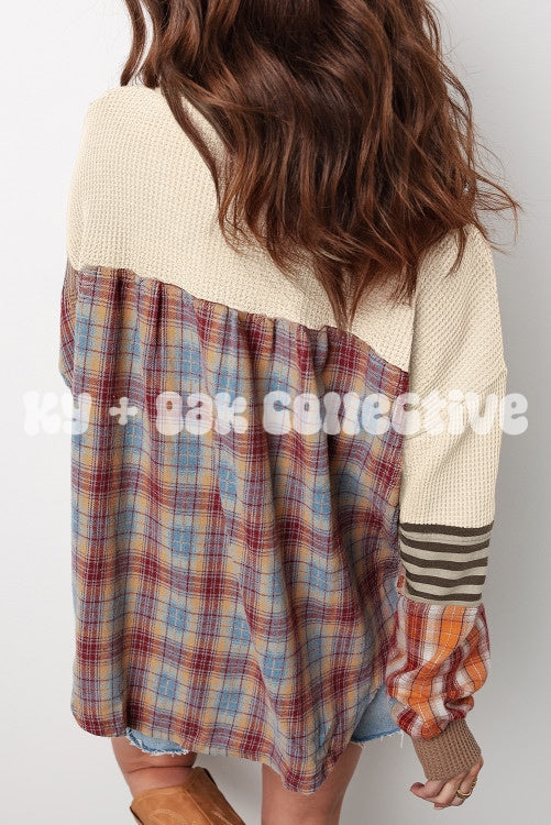 Beige Waffle Stripe Plaid Patchwork Henley Knit Top