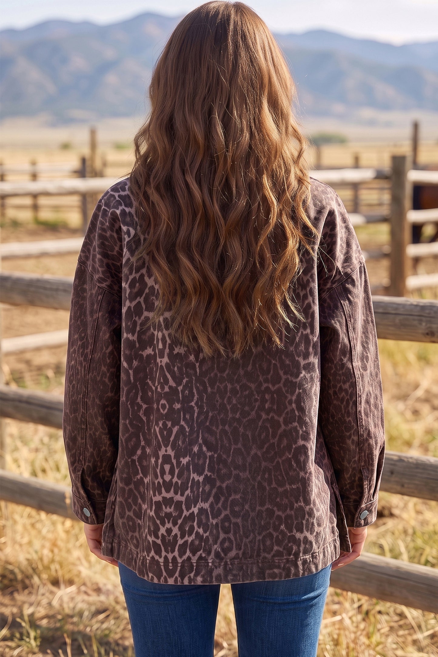Oversized Leopard Print Long Sleeve Patch Pocket Denim Jacket