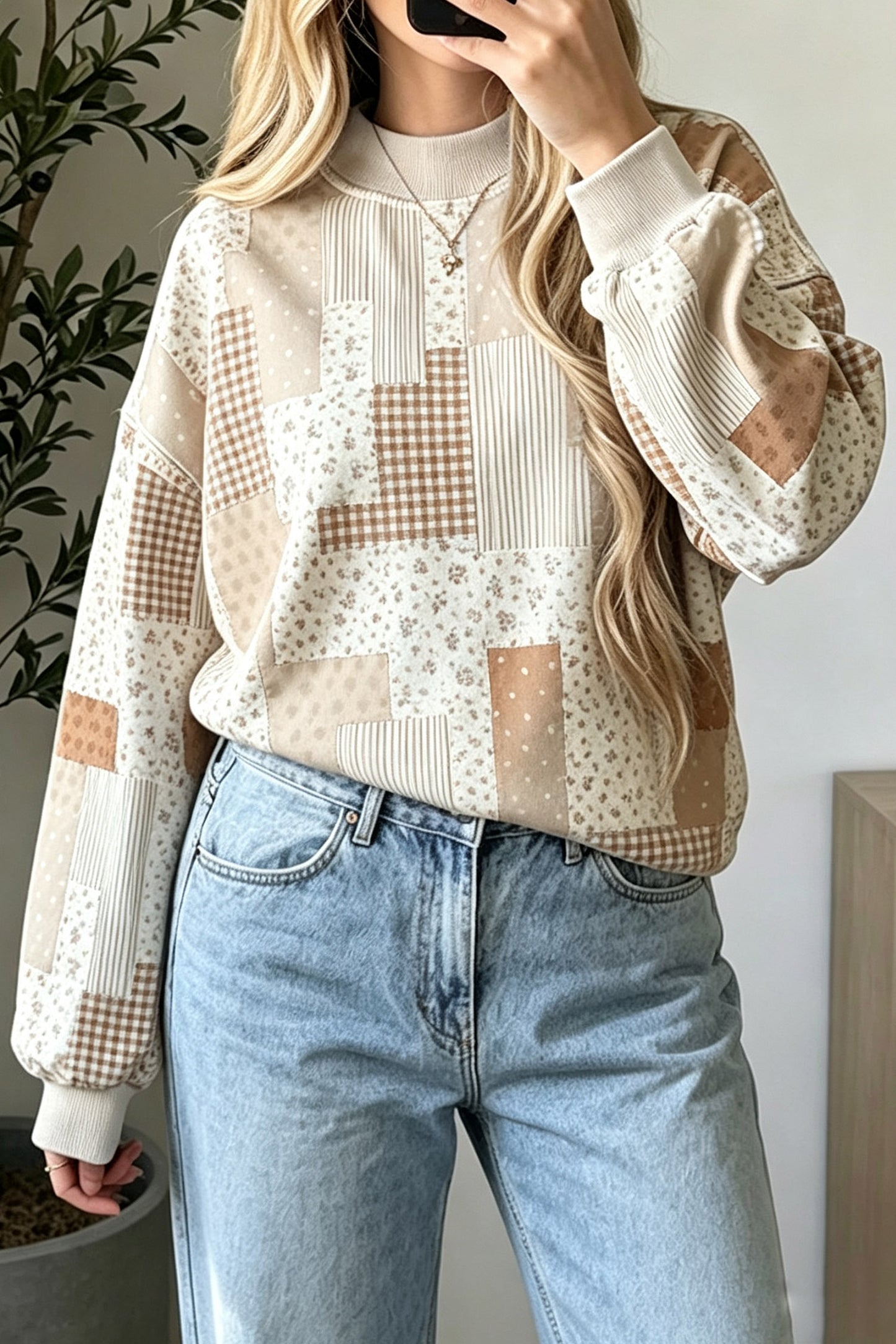 Patchwork Floral Print Mock Neck Long Sleeve Sweatshirt