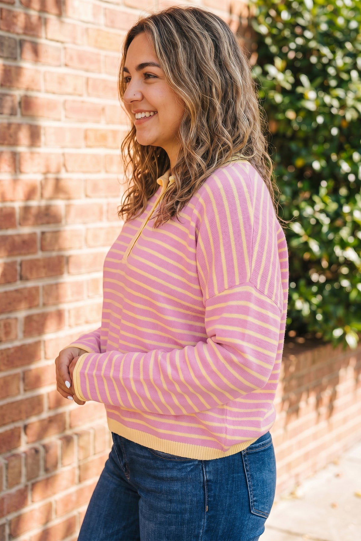 Pink Stripe Striped Colorblock Long Sleeve Sweater