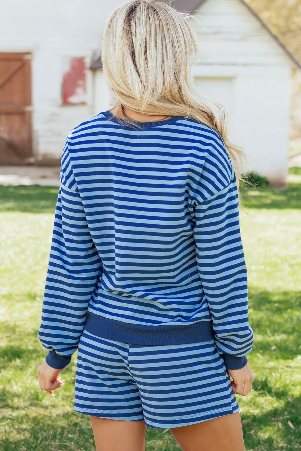 Stripe Drop Shoulder Long Sleeve Pullover Elastic Waist Casual Short Set