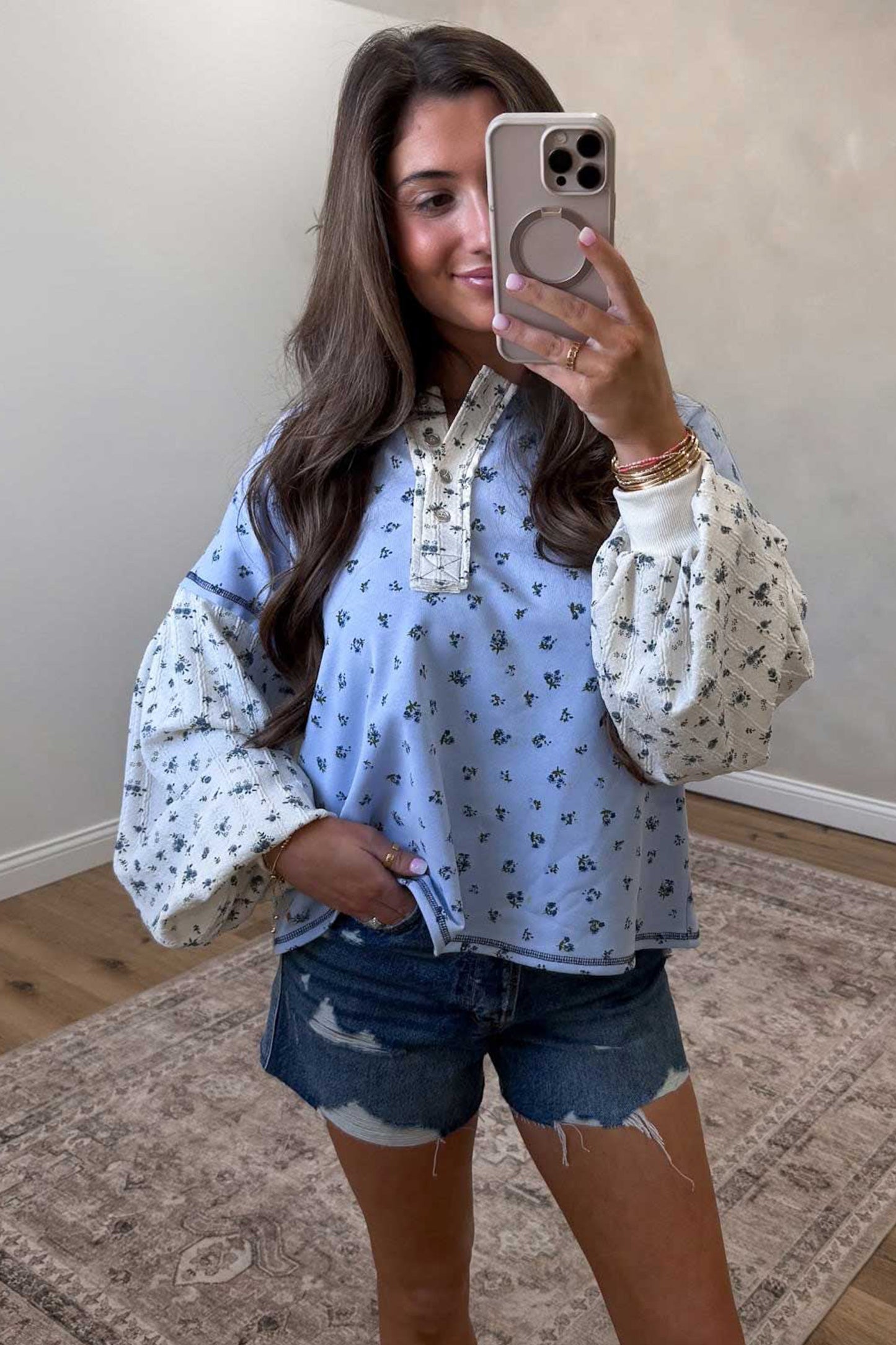 Sky Blue Floral Print Contrast Long Sleeve Top