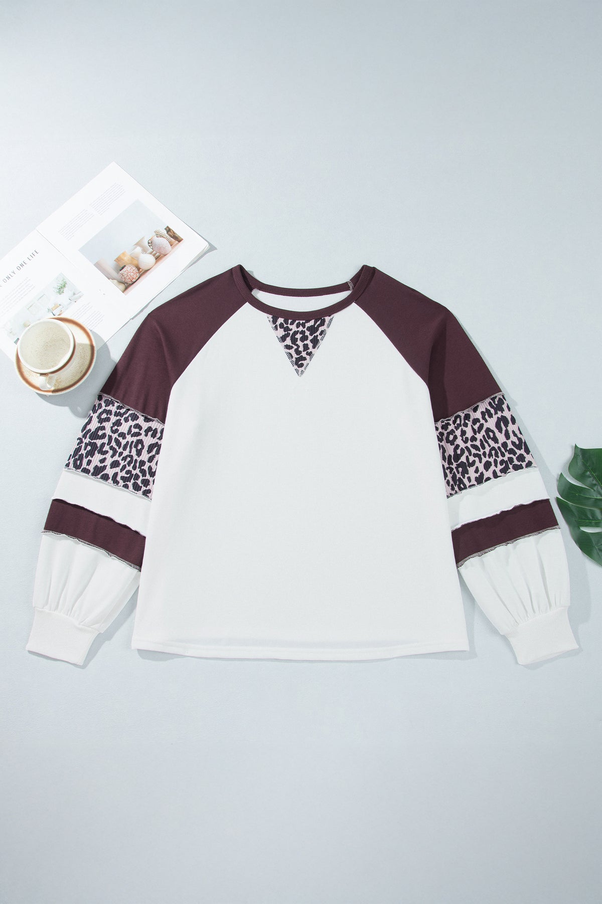 Beige Leopard Print Colorblock Round Neck Long Sleeve Top