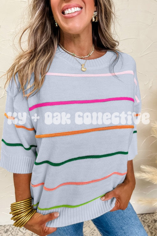Beau Blue Multicolor Stripe Short Sleeve Sweater Top