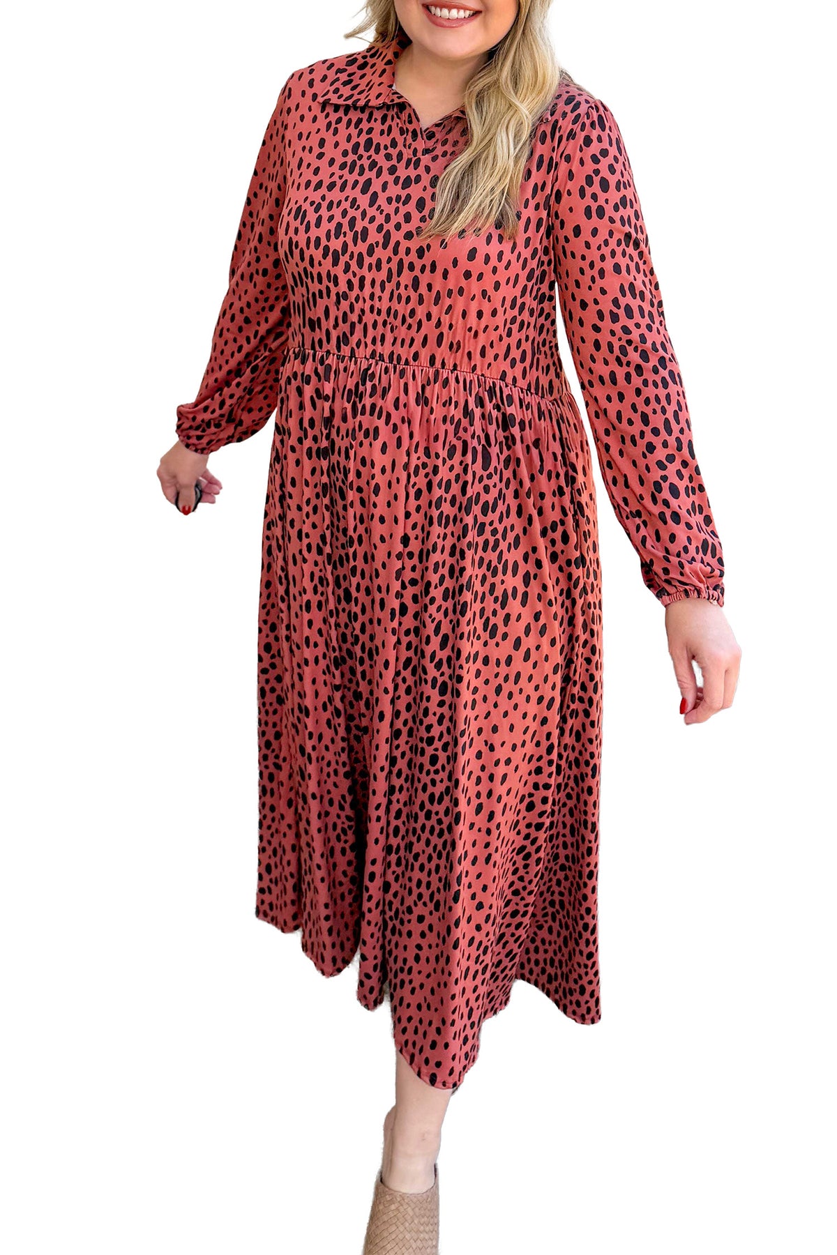 Red Leopard Print Long Sleeve V Neck Midi Dress