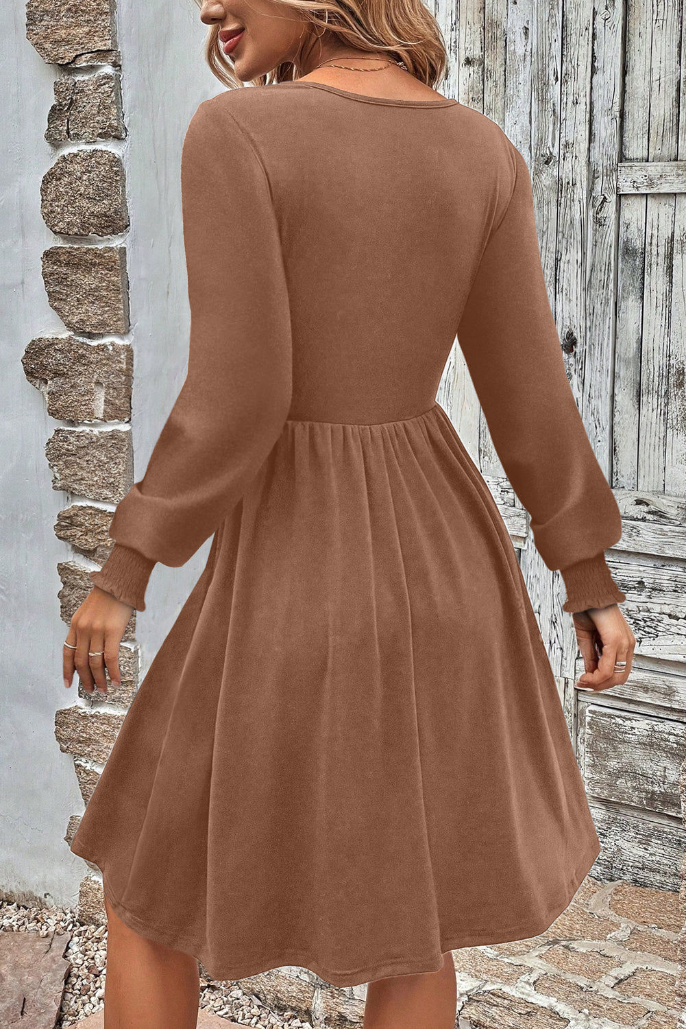 Shirred Cuff Long Sleeve Button Round Neck Mini Dress