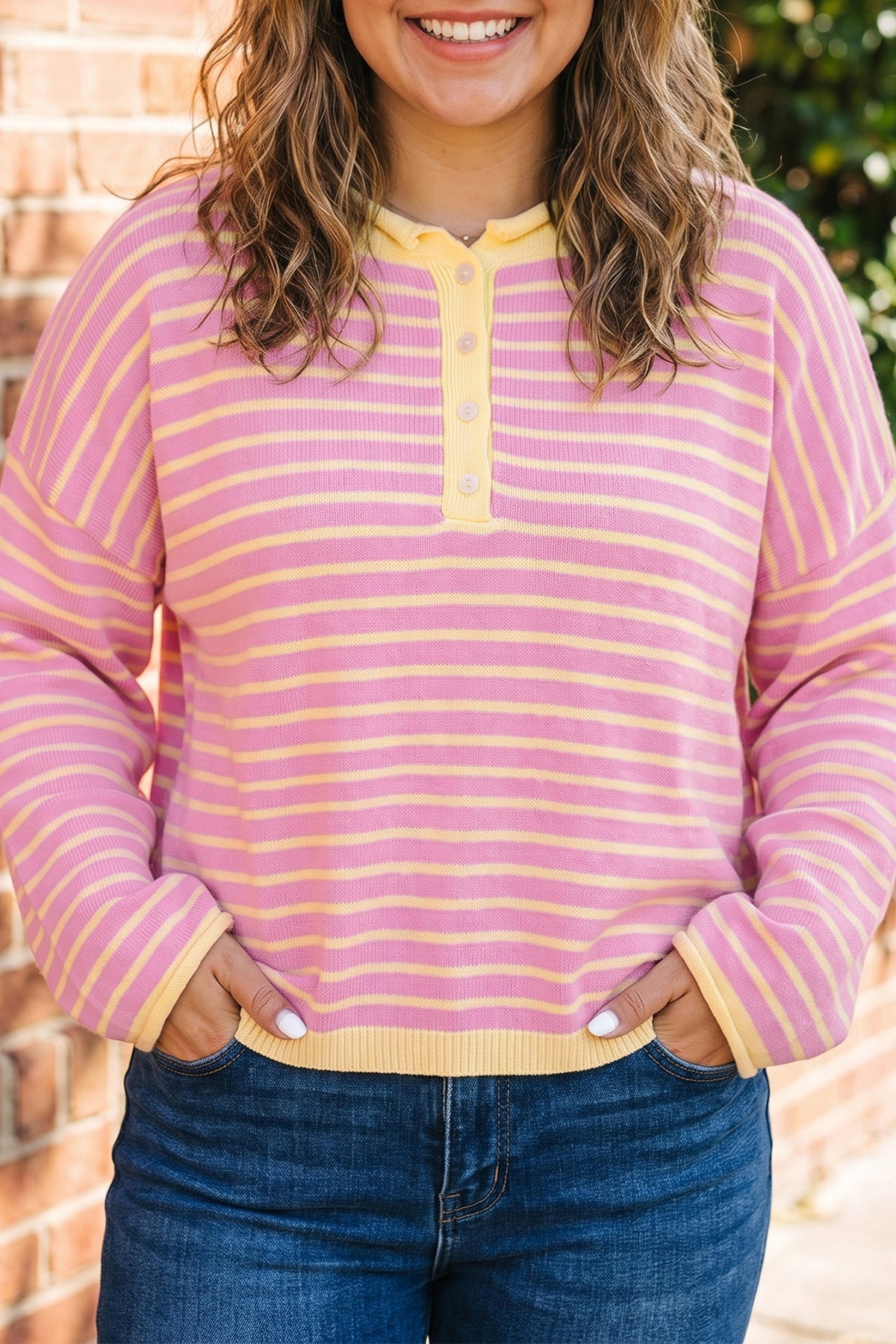 Pink Stripe Striped Colorblock Long Sleeve Sweater