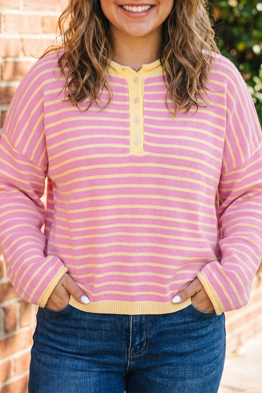 Pink Stripe Striped Colorblock Long Sleeve Sweater