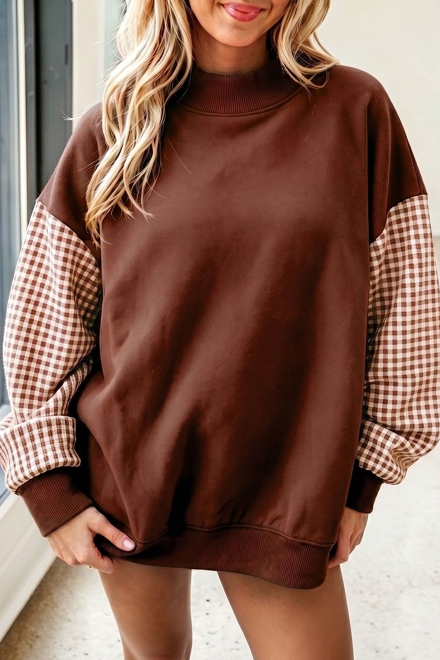Plaid Sleeve Colorblock Loose Sweatshirt