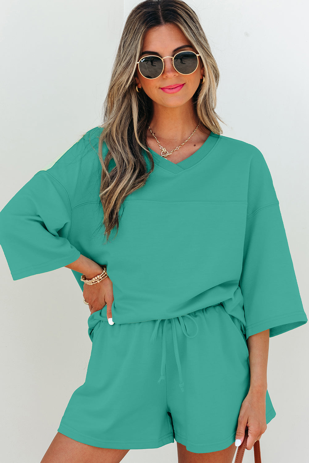 Solid Color Loose V Neck Half Sleeve Tee and Shorts