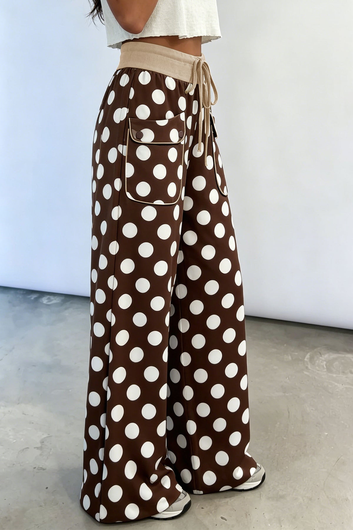 Polka Dot Drawstring Pocket Wide Leg Pants