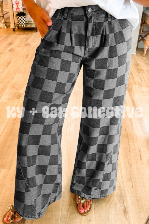 Dark Grey Checkered Wide Leg Jeans
