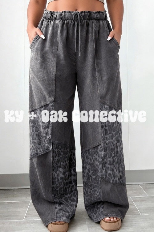 Gray Mineral Wash Leopard Patchwork Wide Leg Pants