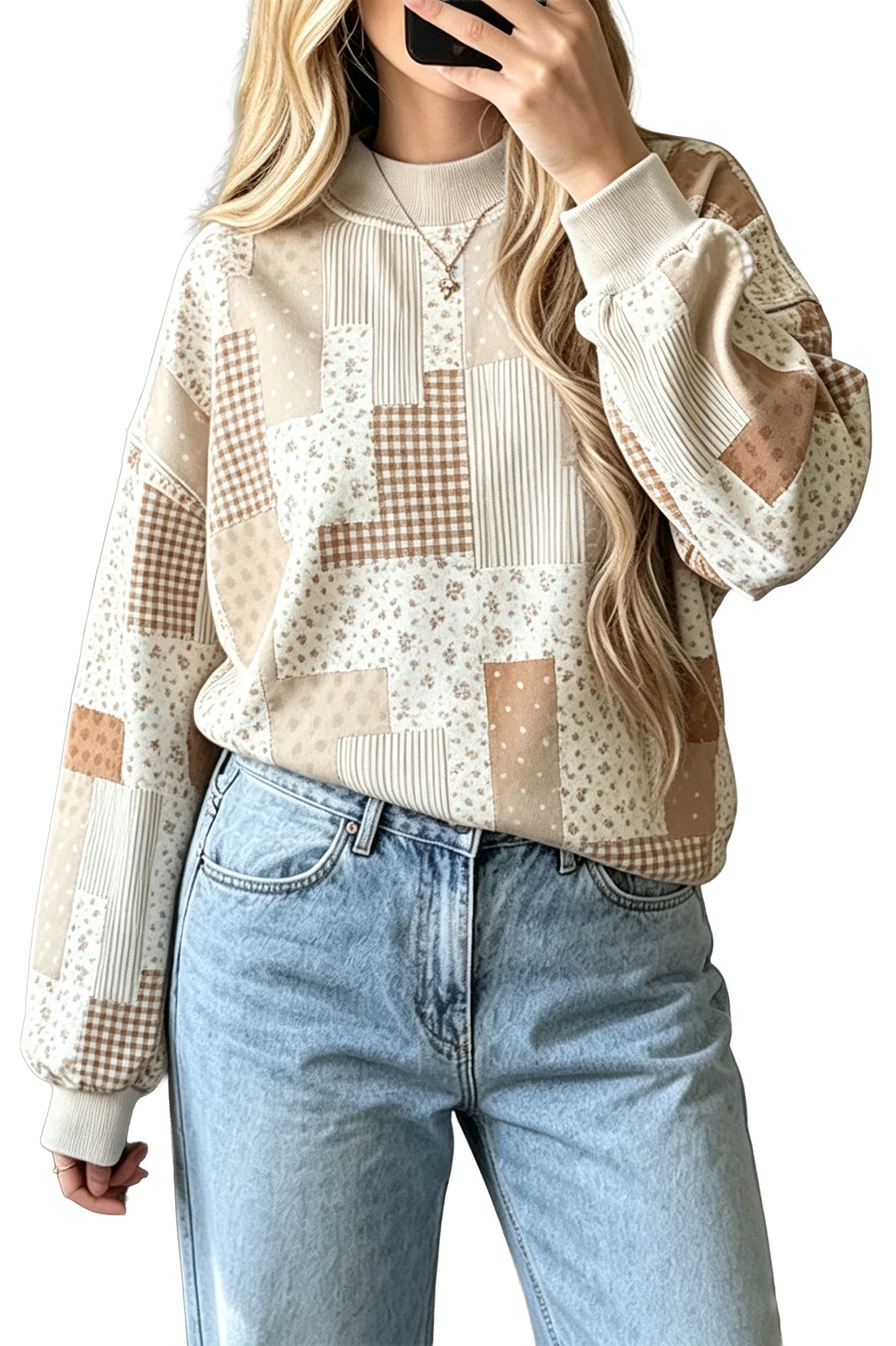 Patchwork Floral Print Mock Neck Long Sleeve Sweatshirt