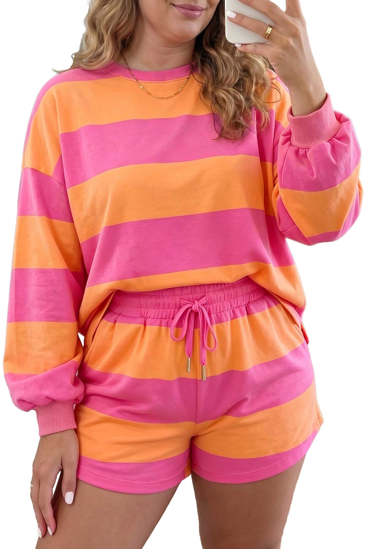 Pink + Orange Stripe Plus Size Long Sleeve Top Drawstring Short Set