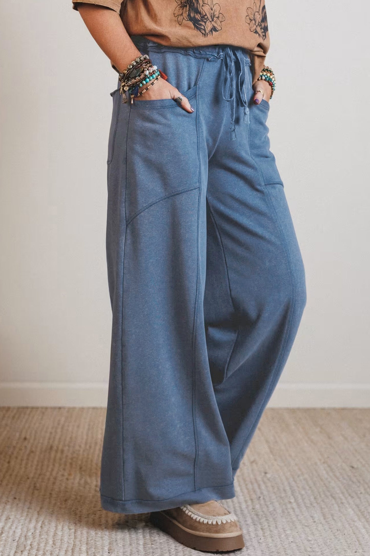 Mineral Wash Drawstring  High Waist Wide Leg Pants